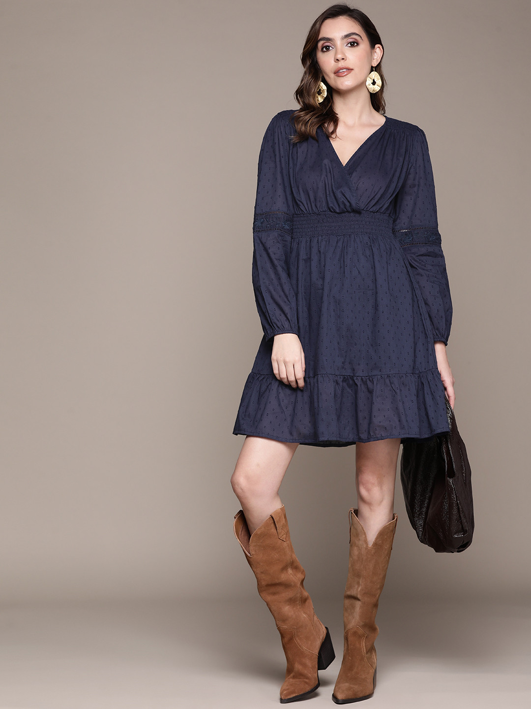 Label Ritu Kumar Self Design Smocked Tiered Fit & Flare Mini Dress