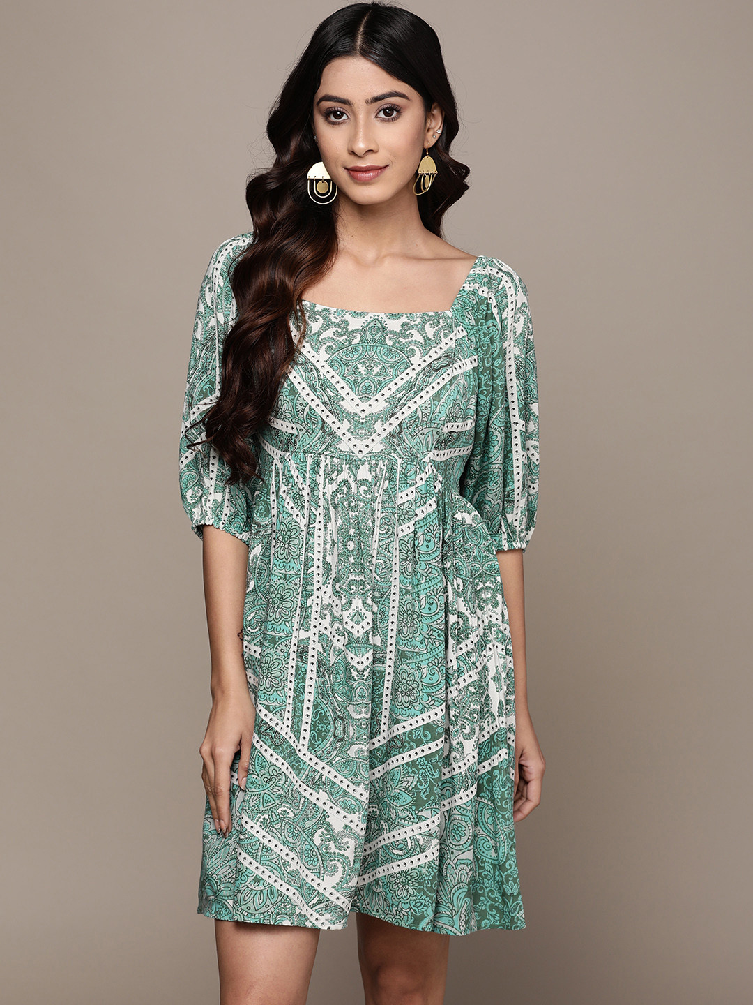 Label Ritu Kumar Sea Green & White Ethnic Motifs A-Line Dress