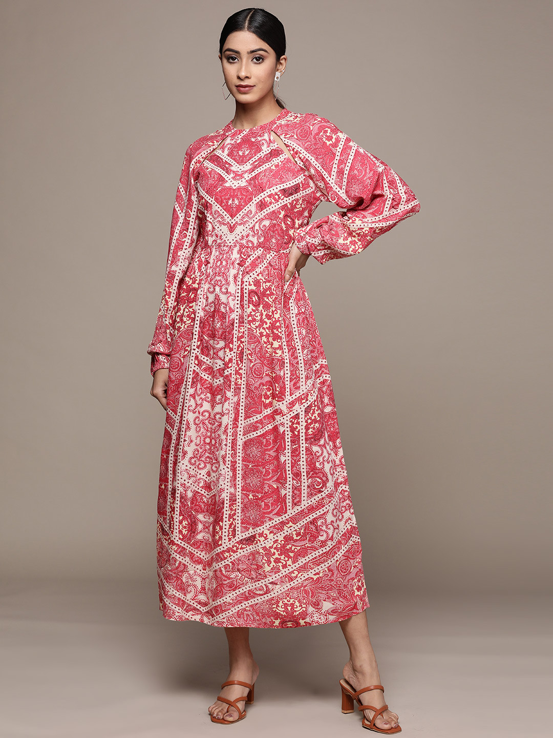 Label Ritu Kumar Pink & White Floral A-Line Maxi Dress
