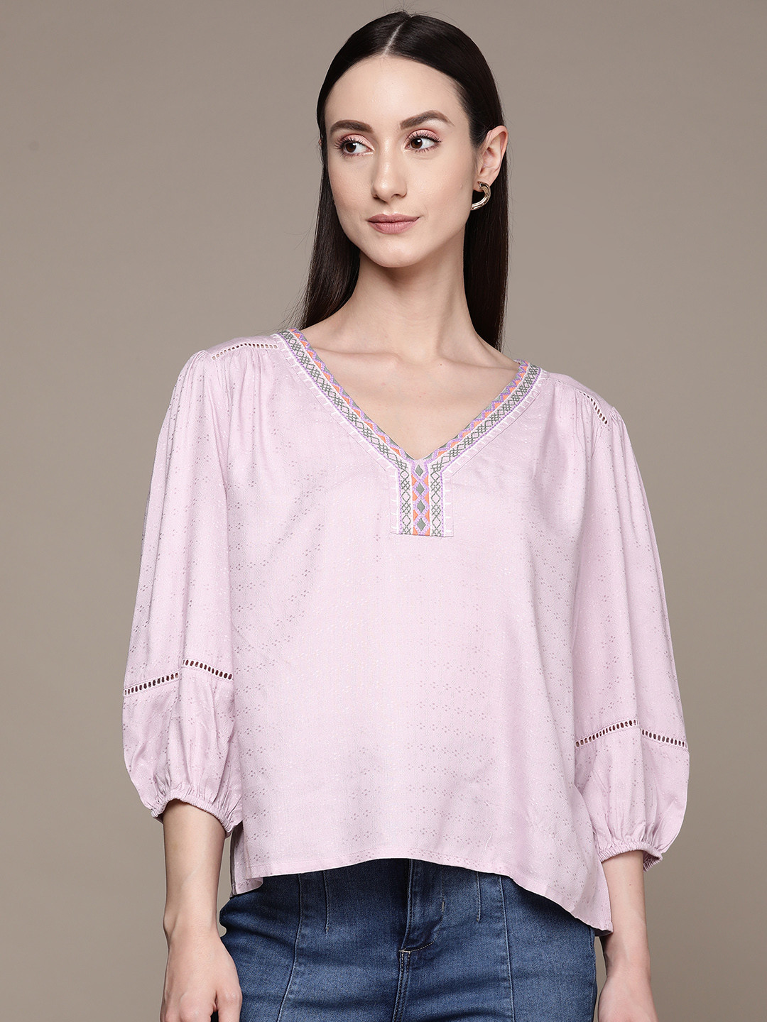 Label Ritu Kumar Geometric Embroidered Puff Sleeves Schiffli Top