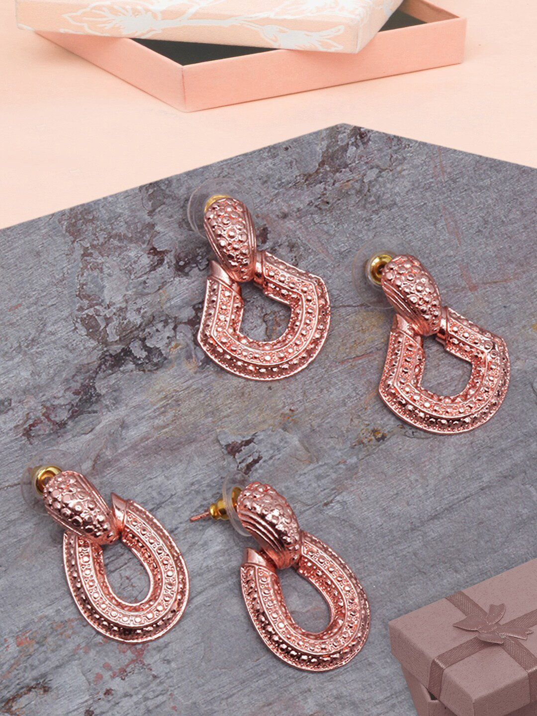 DIVA WALK Women Pack Of 2 Rose Gold Plated Contemporary Drop Earrings