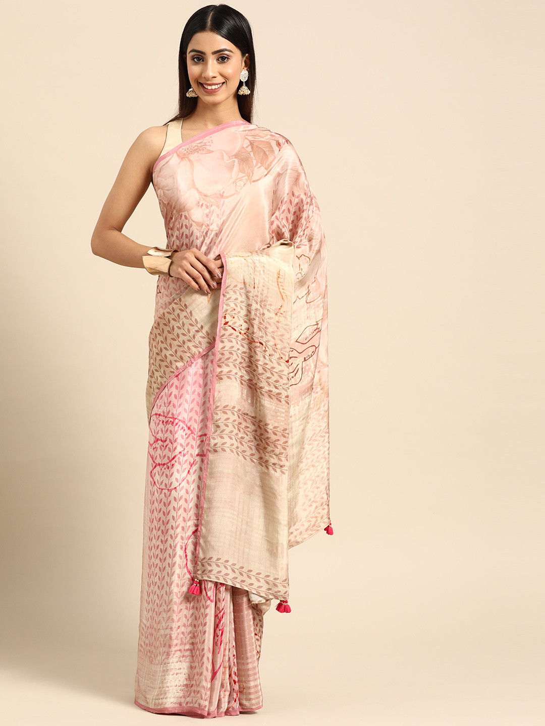 ZARI Pink Floral  Block Print Saree