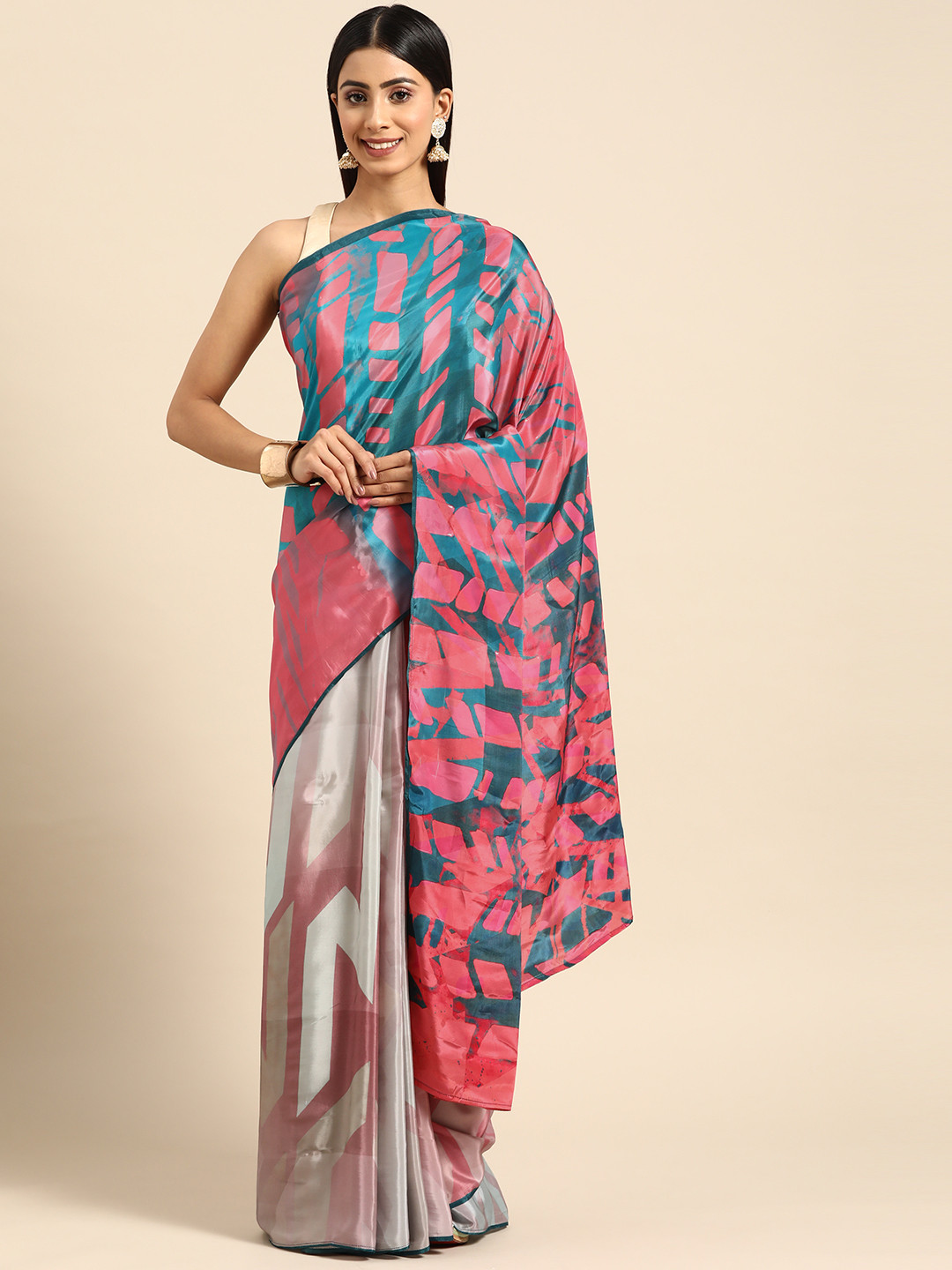 ZARI Teal & Pink  Block Print Saree