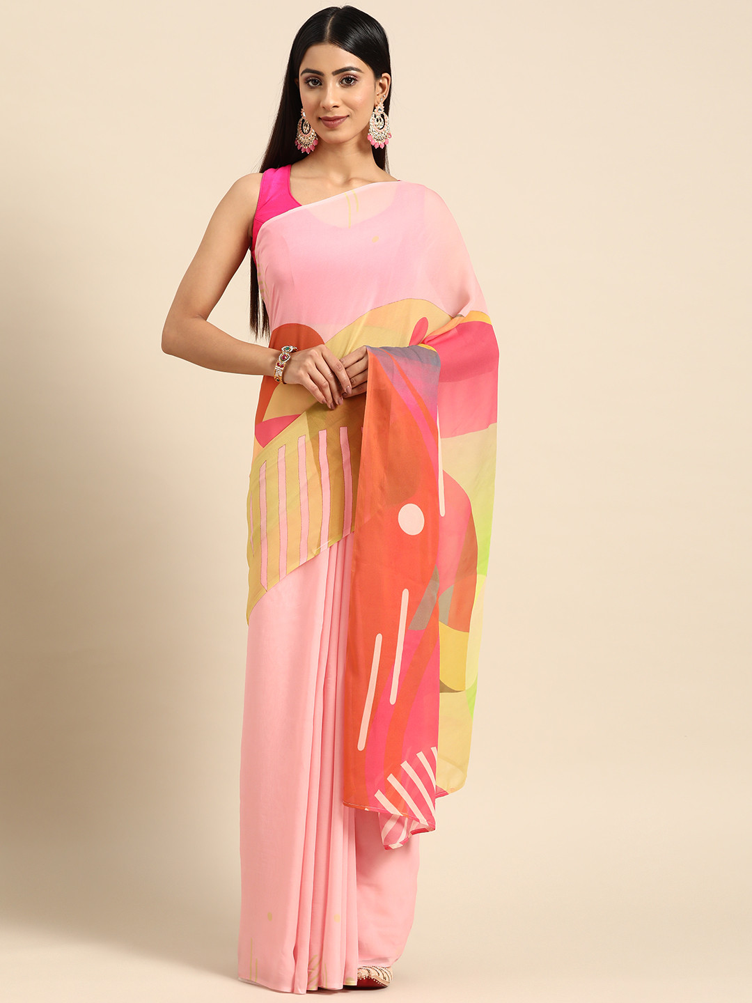 ZARI Pink & Green Colourblocked Art Silk Saree