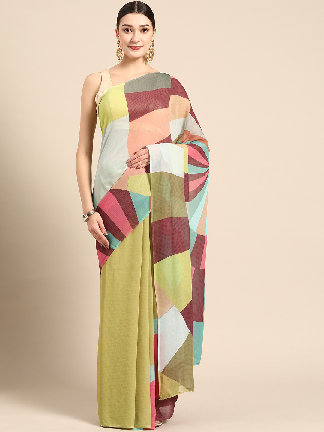 ZARI Olive Green & Pink Colourblocked Art Silk Saree