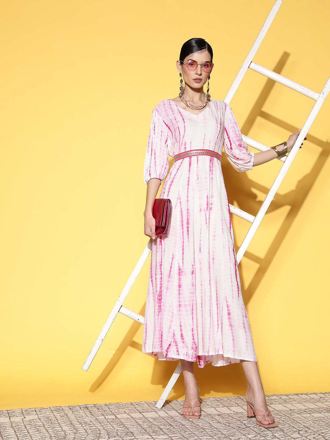 Yufta White & Pink Tie and Dyed Midi Dress