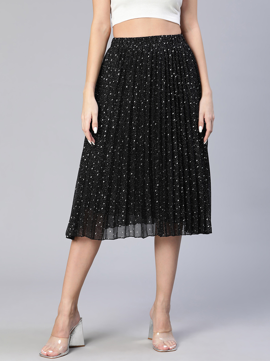 Oxolloxo Women Foil Print Elasticated Pleated  Skirt