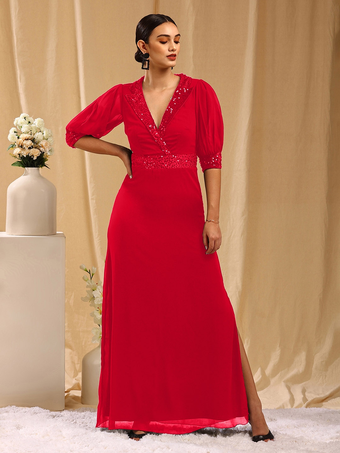 Buy TRENDY DIVVA Georgette Cuffed Sleeves Embellished Side Slit Maxi Party Dress Dresses for Women 21195068 Myntra