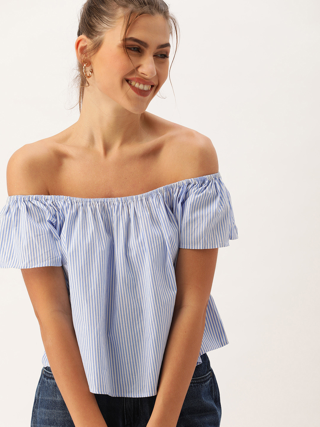 FOREVER 21 Women Blue & White Striped Bardot Top