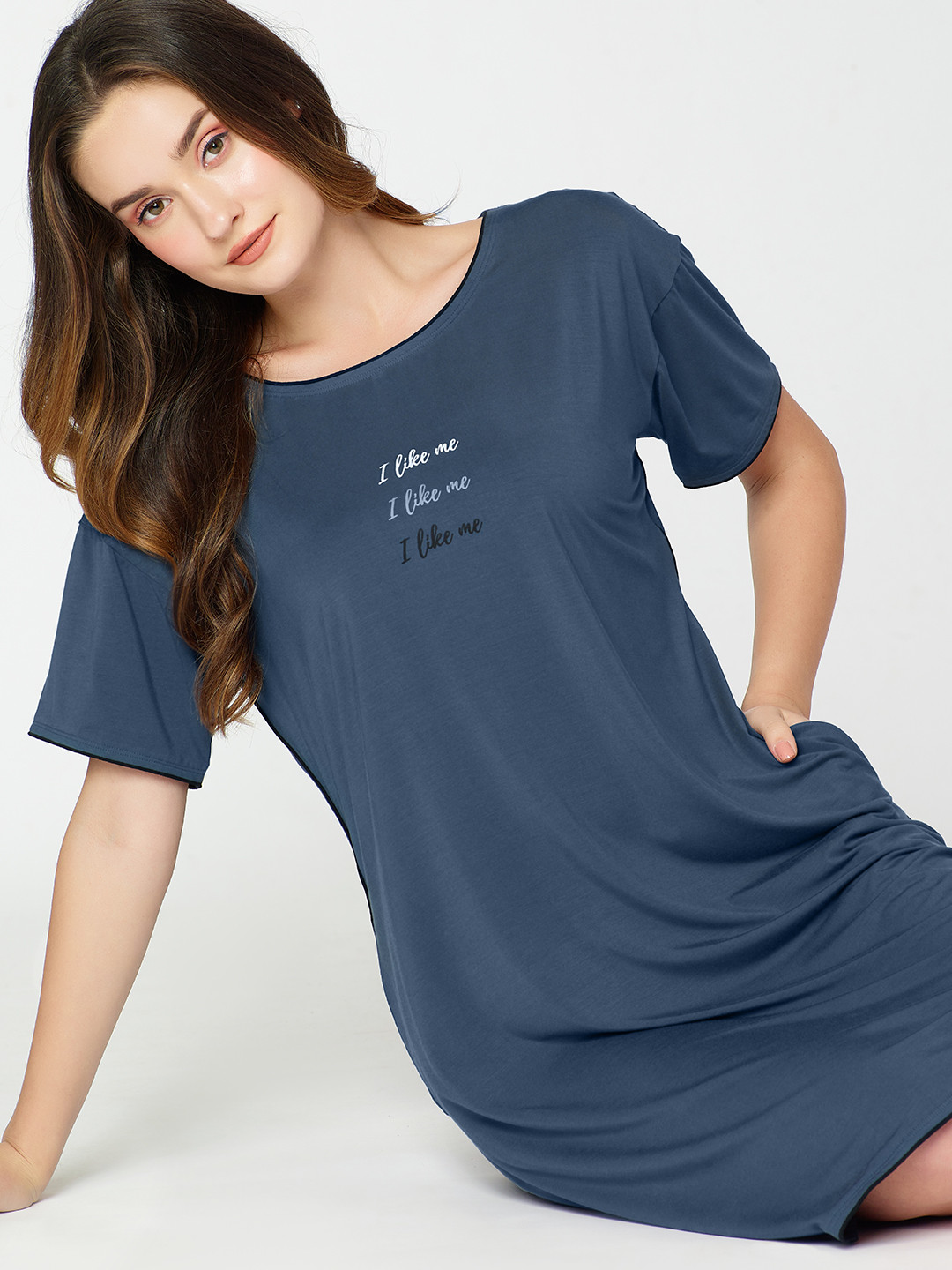 I like me Blue Typography Printed Nightdress