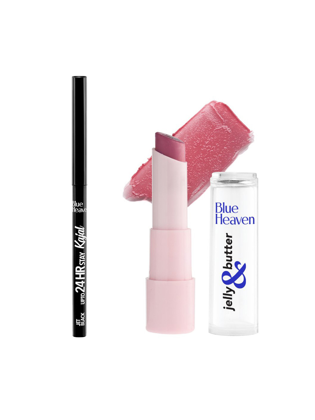 Blue Heaven Set of 24Hrs Stay Kajal 0.35g-Black + Jelly & Butter Lip Balm 3.2g-Dusty Rose