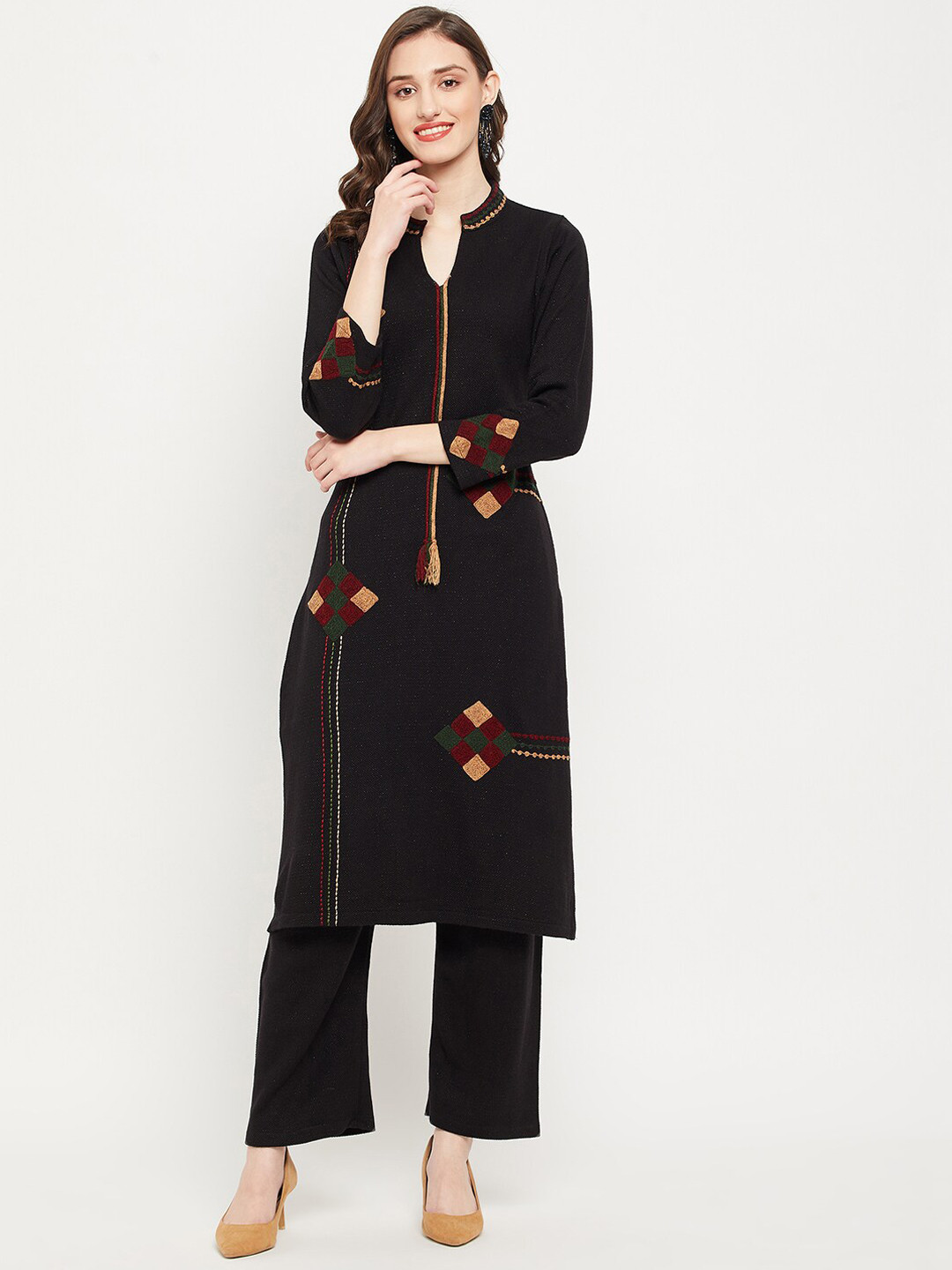 Zigo Winter Wear Women Black Thread Work Kurta with Trousers