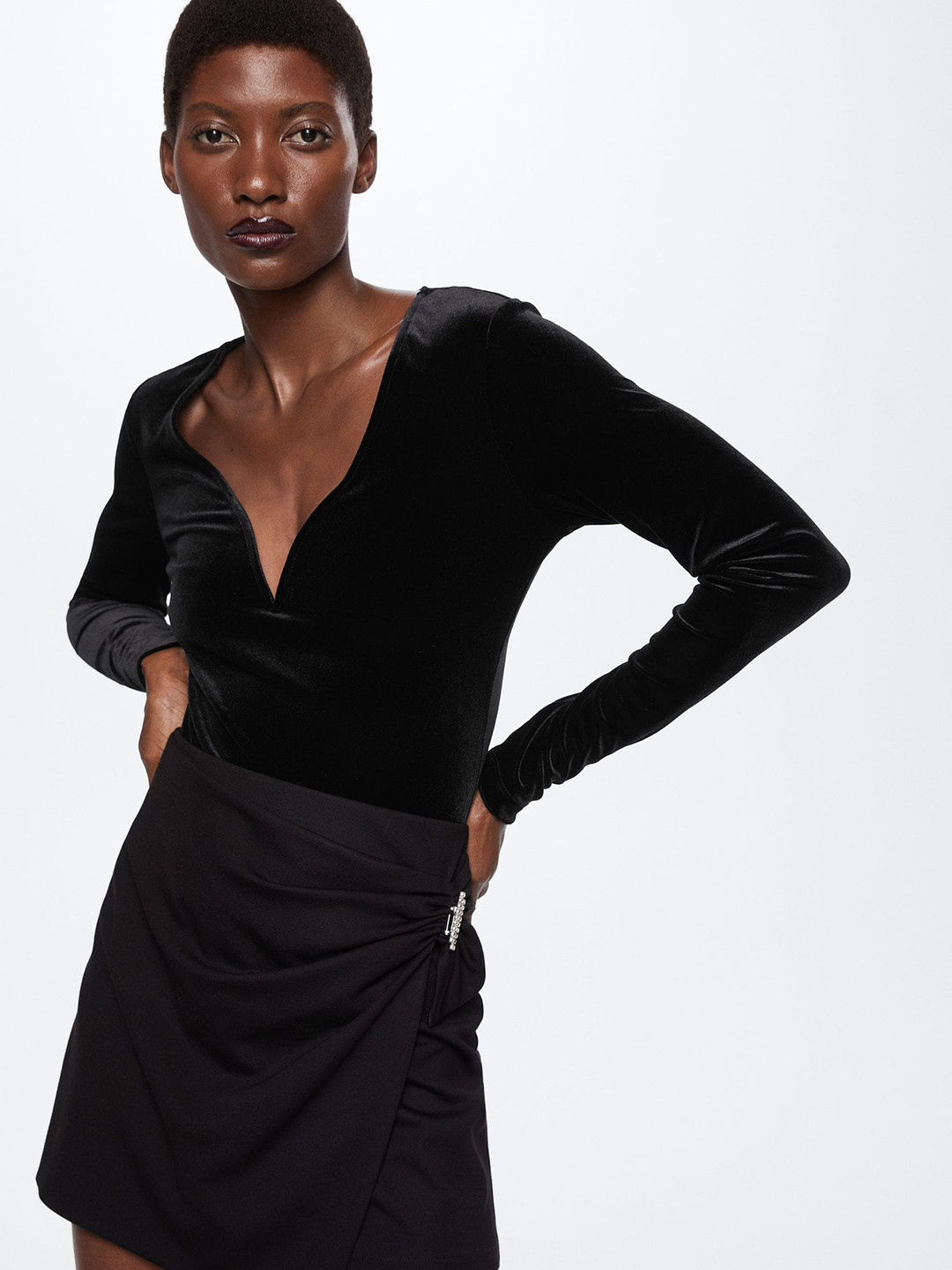 MANGO Velvet Sweetheart Neckline Bodysuit