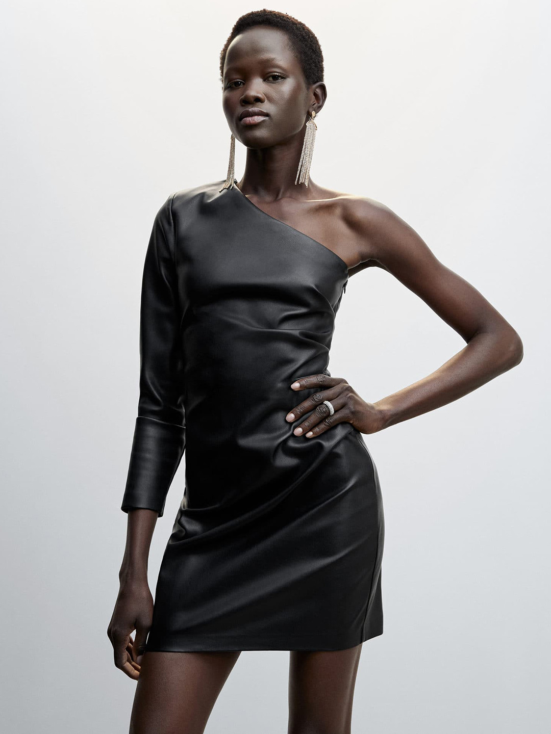 MANGO Faux Leather One Shoulder Sheath Mini Dress