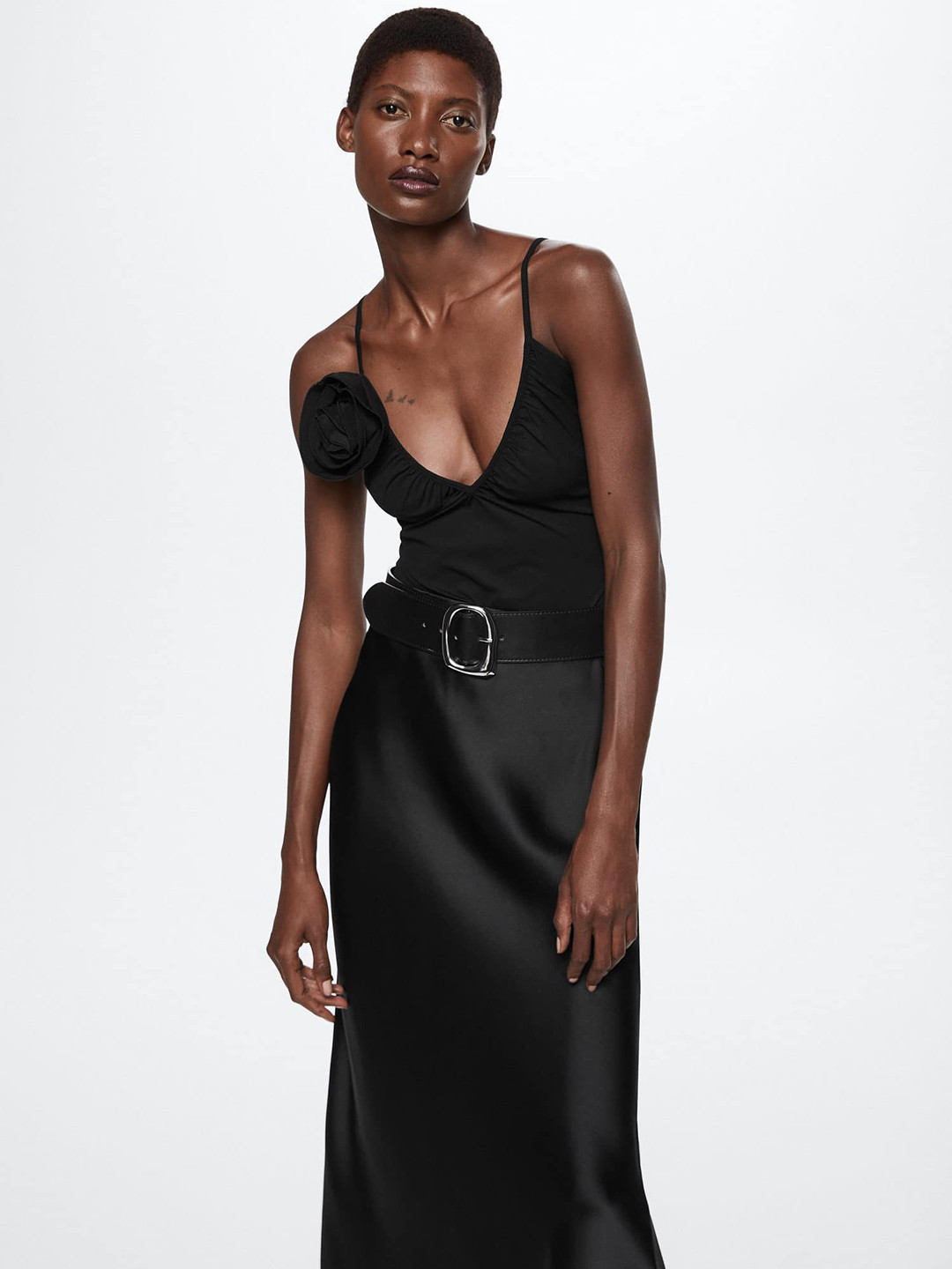 MANGO Solid Criss-Cross Strap Plunge Neck Bodysuit