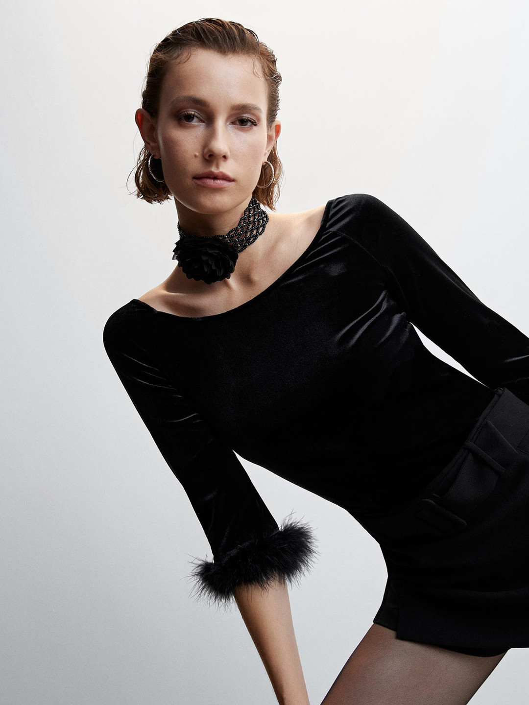 MANGO Velvet Faux Fur Detail Top