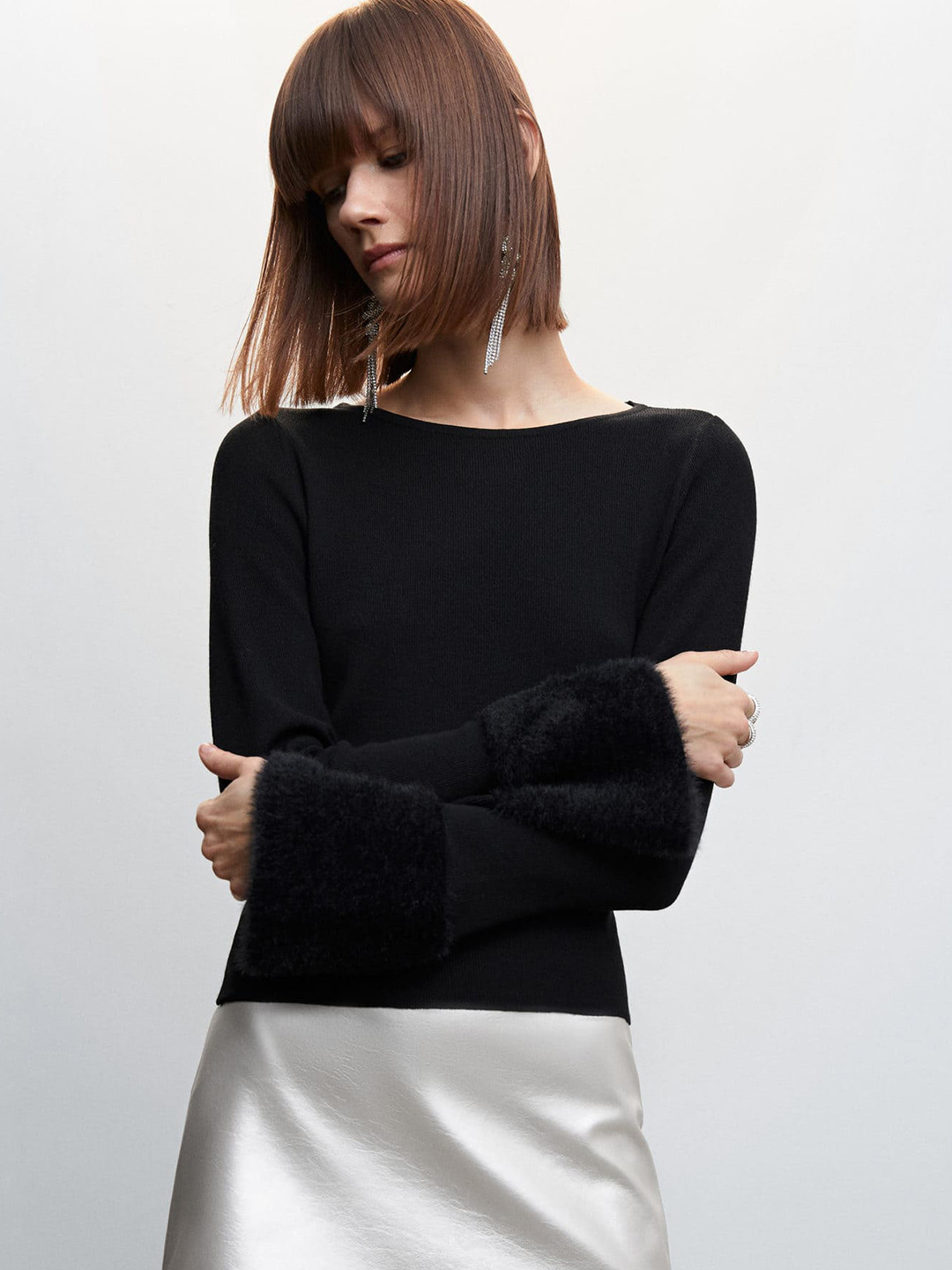 MANGO Women Sustainable Faux Fur Cuffs Pullover