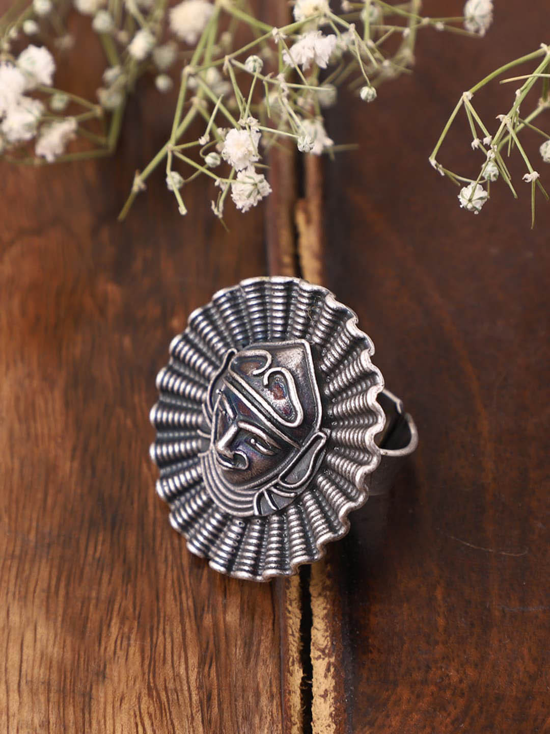 VENI  Oxidised Silver-Plated Round Tribe Devi Adjustable Ring