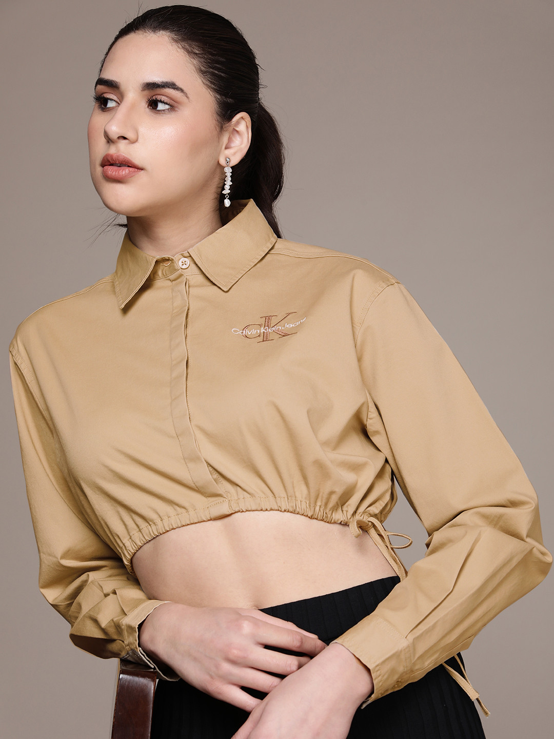 Calvin Klein Jeans Women Boxy Brand Logo Printed Crop Casual Shirt