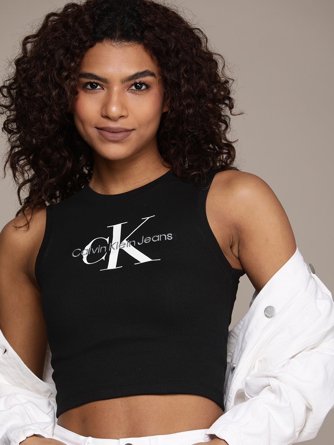 Calvin Klein Jeans Women Brand Logo Print & Embroidered Compression Tank  Crop T-shirt