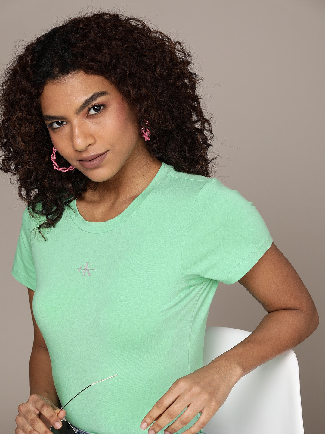 Calvin Klein Jeans Women Solid Knitted Slim Fit T-shirt With Minimal Brand Logo Print