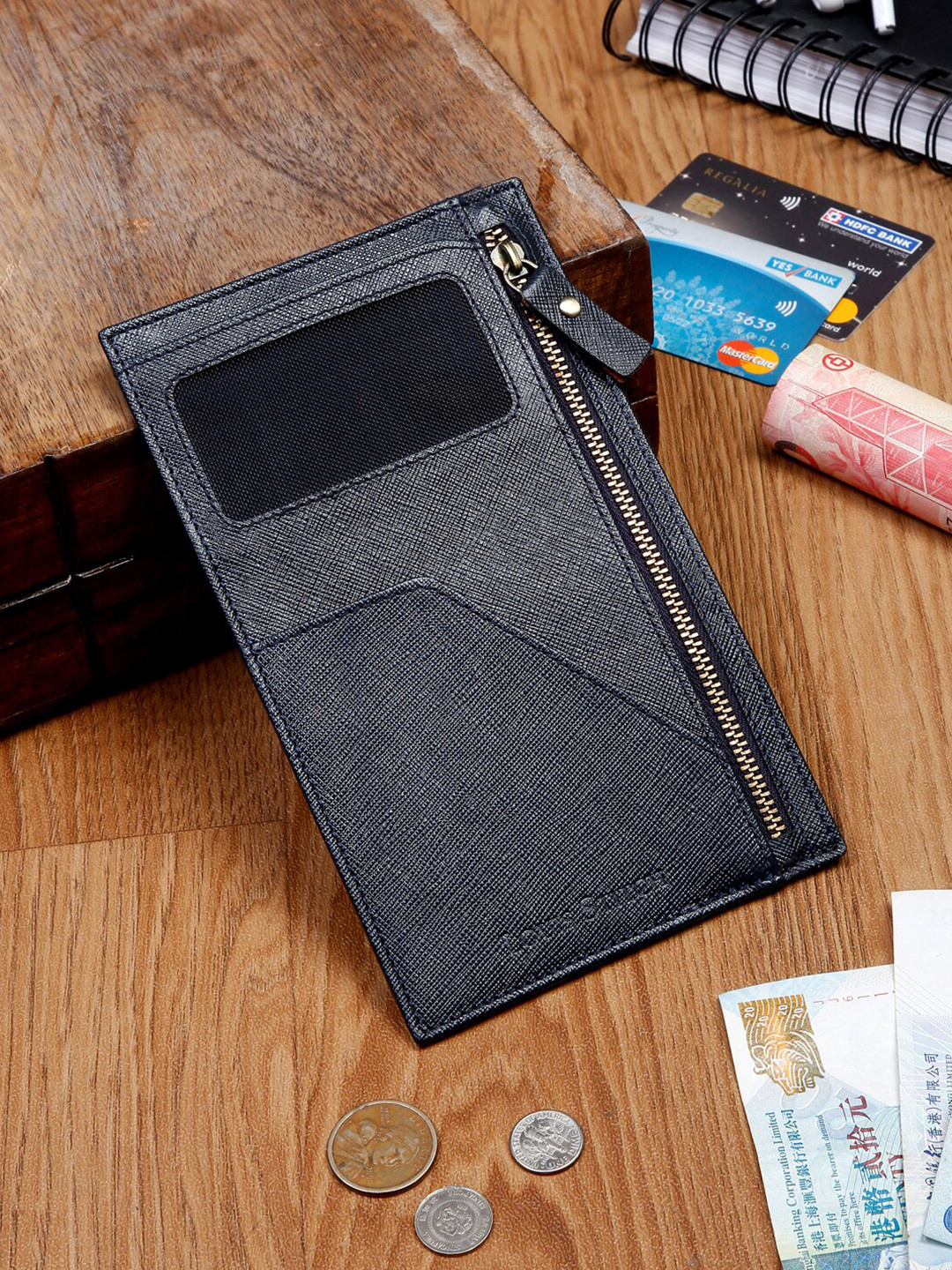 Louis Stitch Saffiano Leather Blue Passport Card Slim Wallet Purse for Men