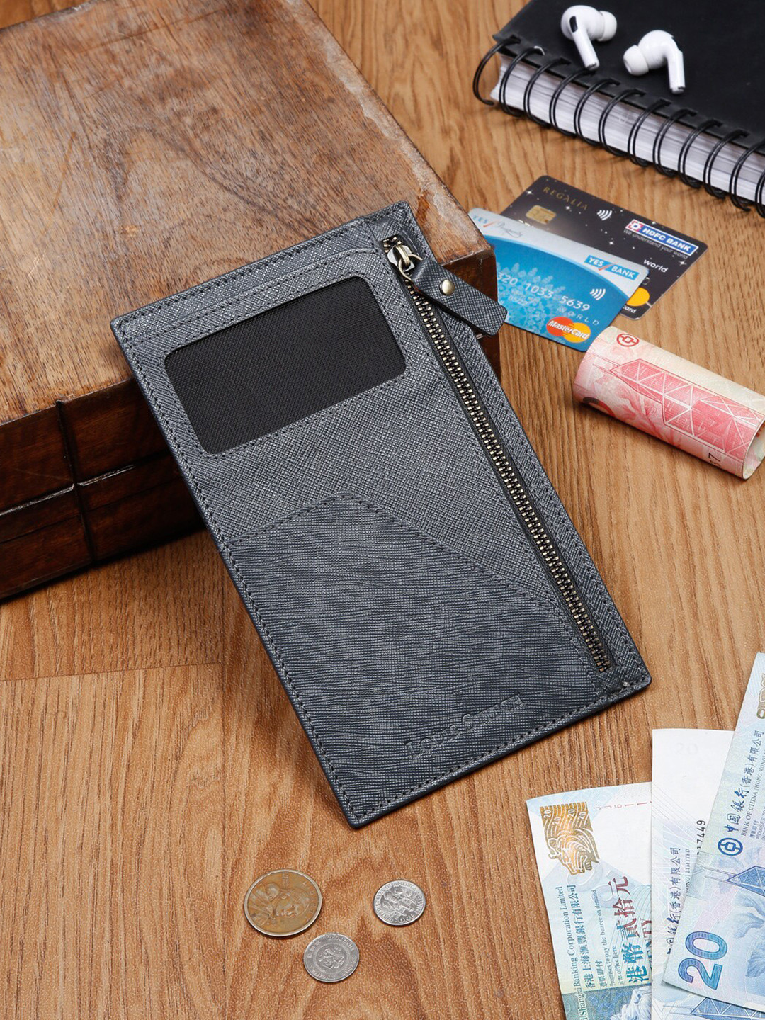 LOUIS STITCH Men Saffiano Leather Grey Passport Card Slim Wallet Purse