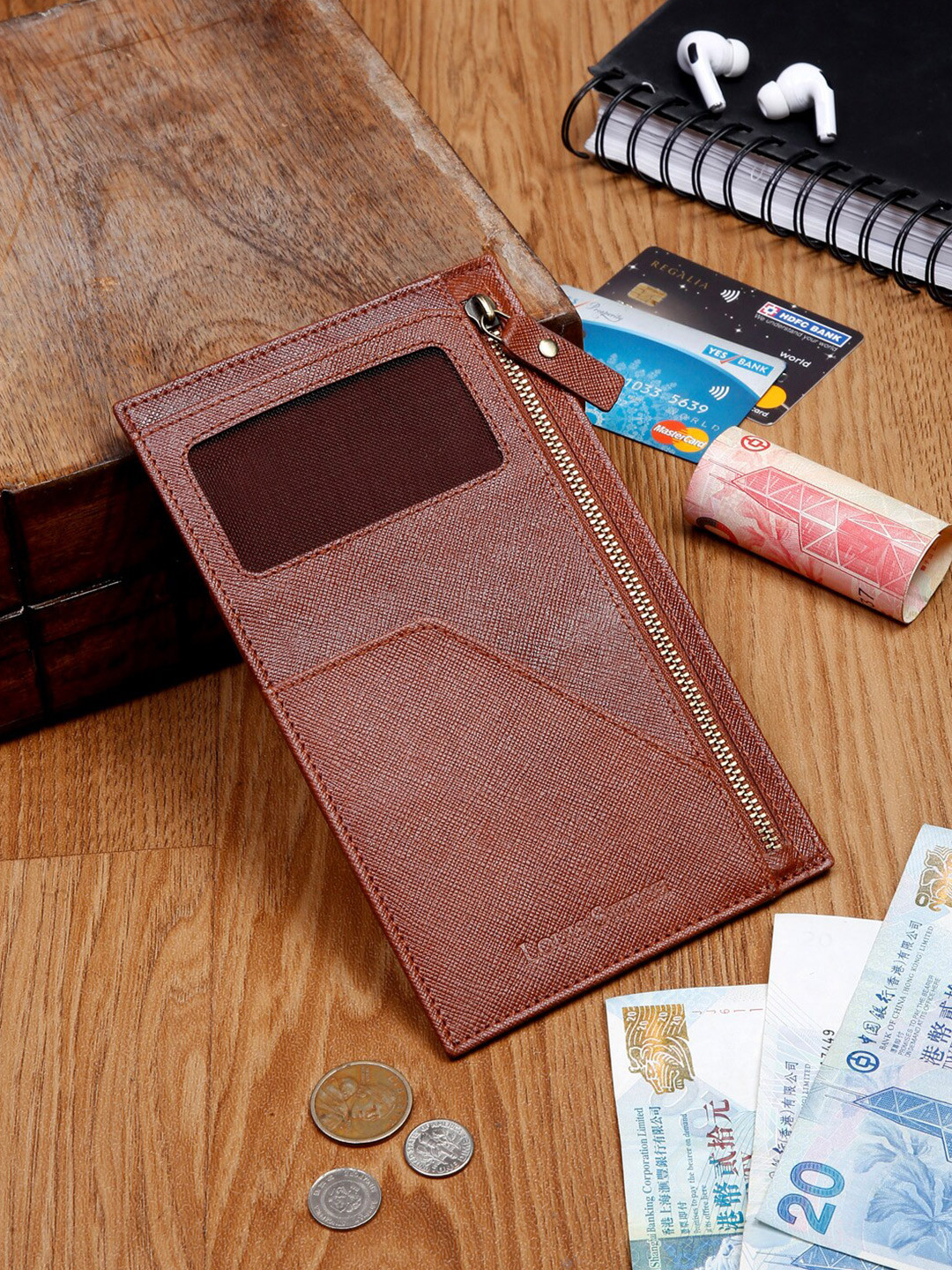 Louis Stitch Saffiano Leather Tan Passport Card Slim Wallet Purse for Men