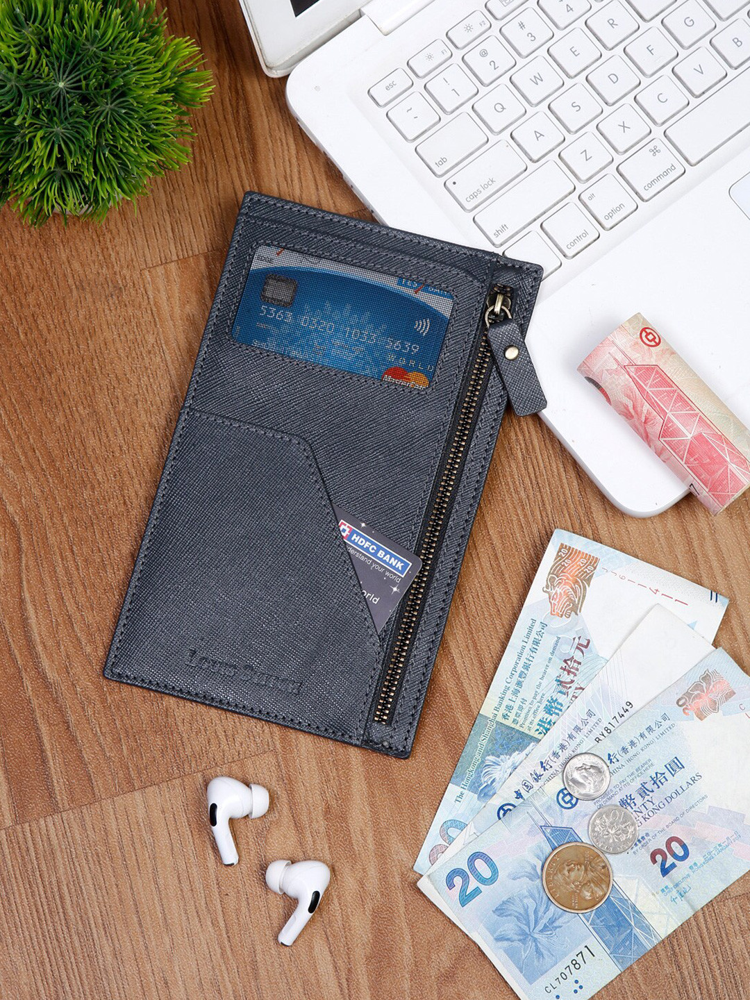 Louis Stitch Saffiano Leather Grey Passport Card Slim Wallet Purse for Men