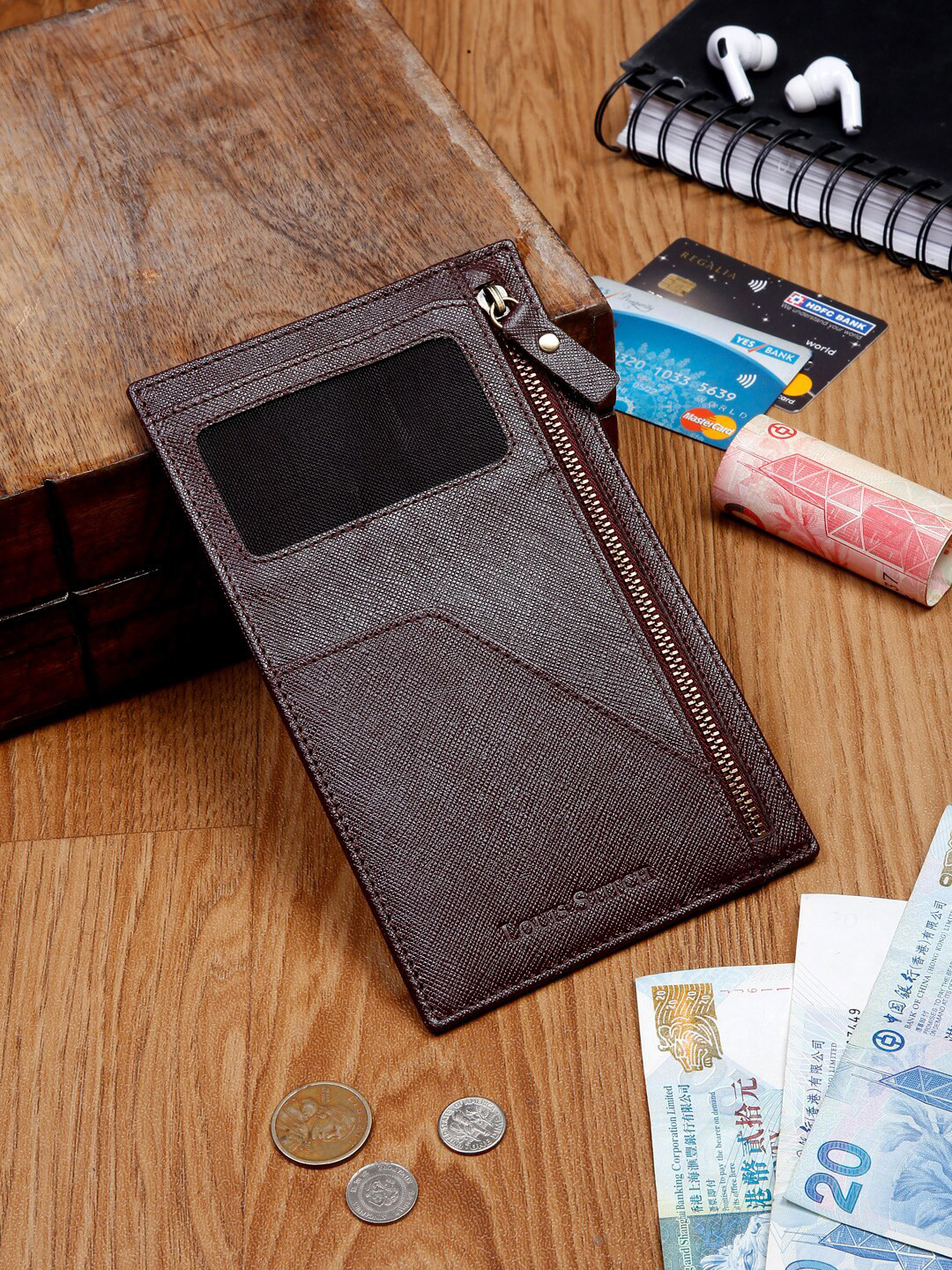 Louis Stitch Saffiano Leather Maroon Passport Card Slim Wallet Purse for Men