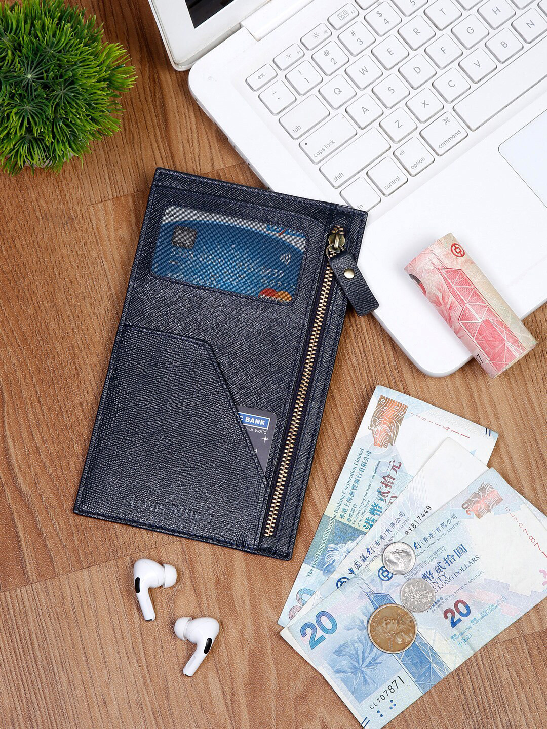 LOUIS STITCH Saffiano Leather Blue Passport Card Slim Wallet Purse for Men