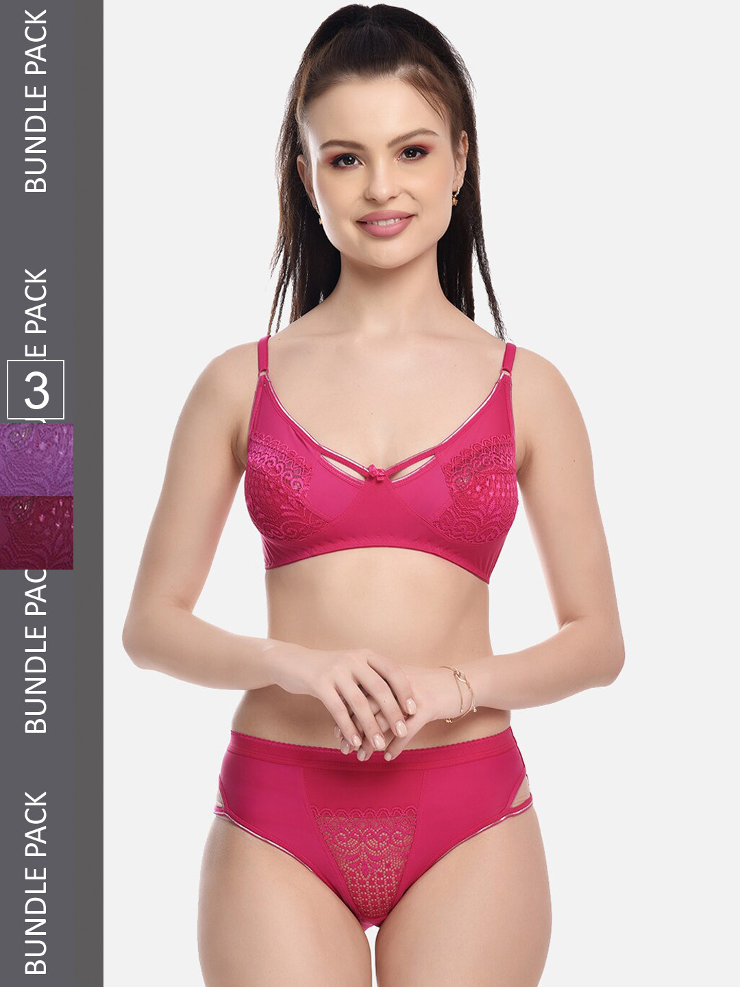 FIMS Women Pack Of 3 Self Design Laced Lingerie Set NEW_Karina_Set_PurplePinkWine_B