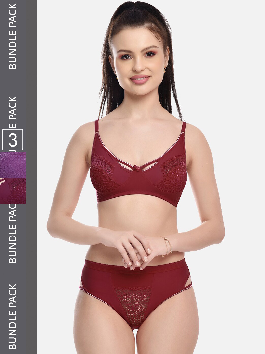 FIMS Pack Of 3 Self-Design Lingerie Set NEW_Karina_Set_PurpleMaroonWine_B