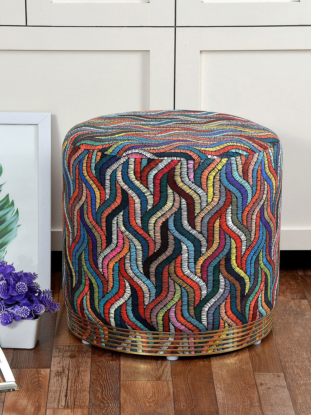 RIANCE CREATIONS Gold-Toned & Blue Geometric Printed Ottomans