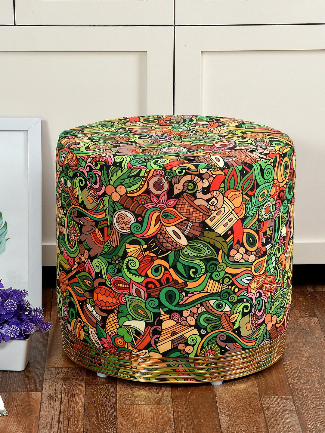 RIANCE CREATIONS Green & Orange Graphic Print Velvet Round Ottomans