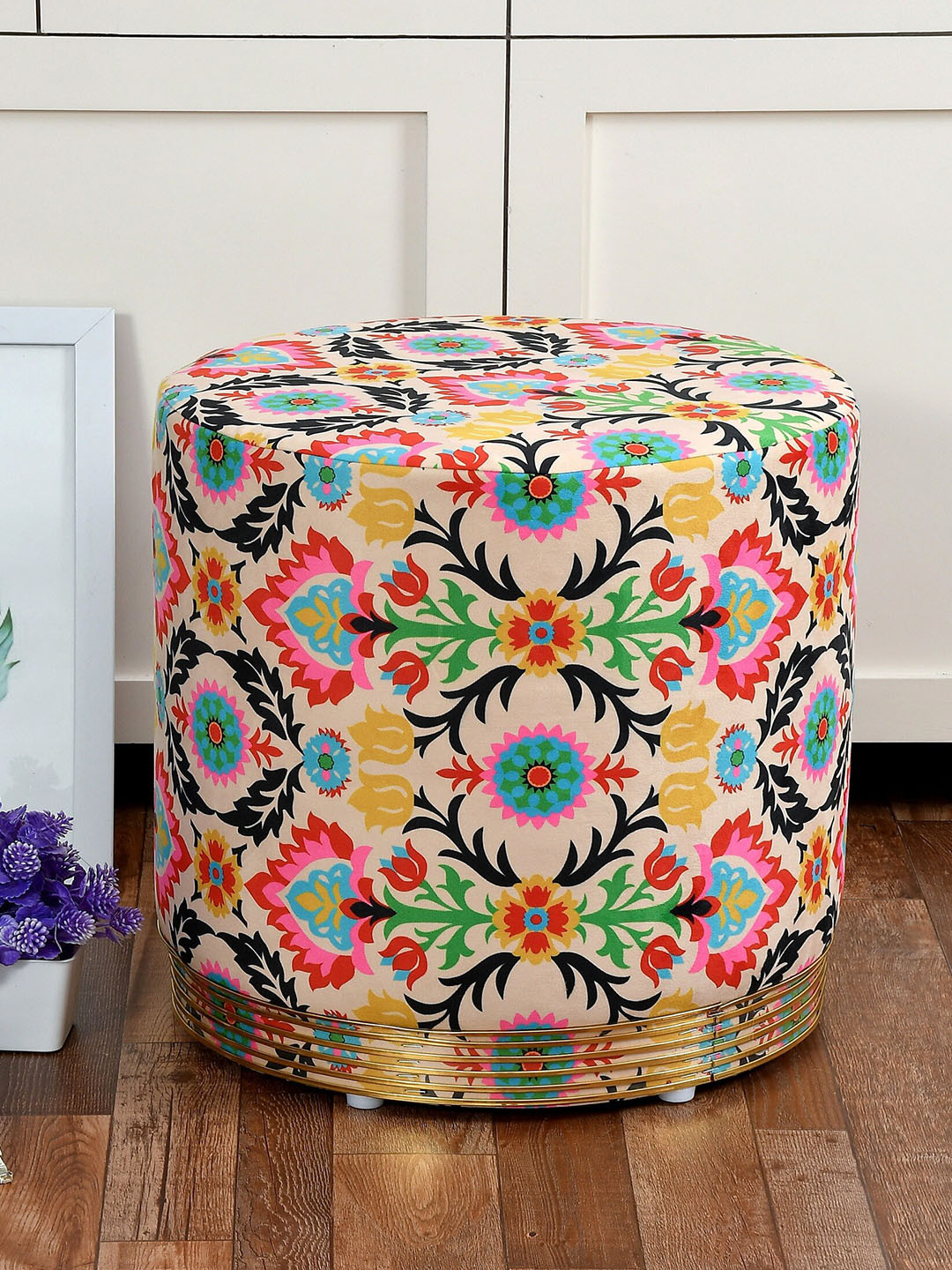 RIANCE CREATIONS Cream Colored & Pink Floral Printed Ottoman