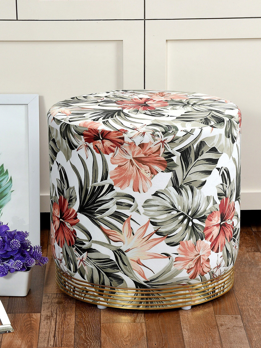 RIANCE CREATIONS White & Green Floral Printed Velvet Pouffe Ottoman