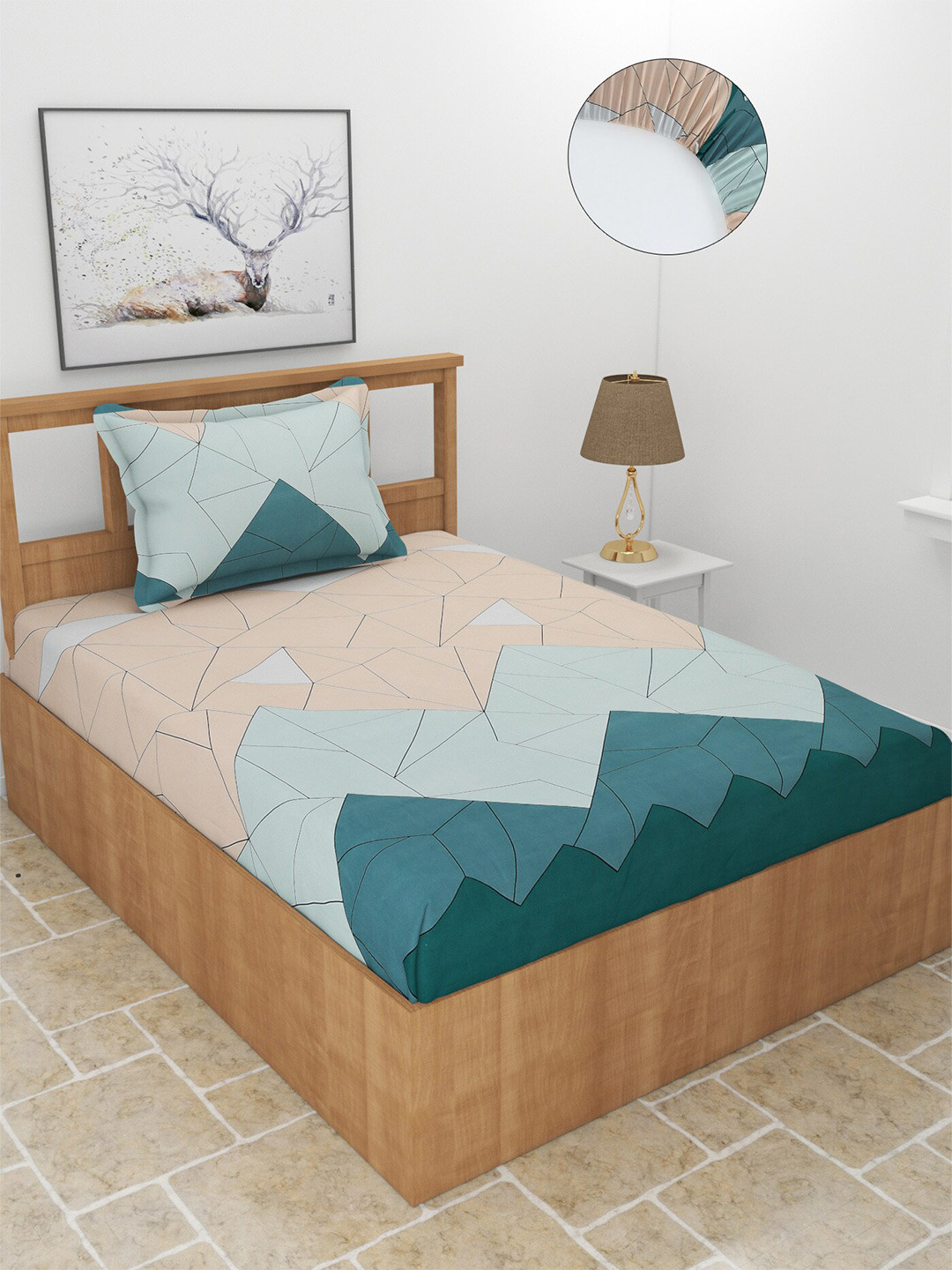 MORADO Peach Abstract Polycotton 210 TC Fitted Single Fine Bedsheet with a Pillow Cover-78 x 36 inches