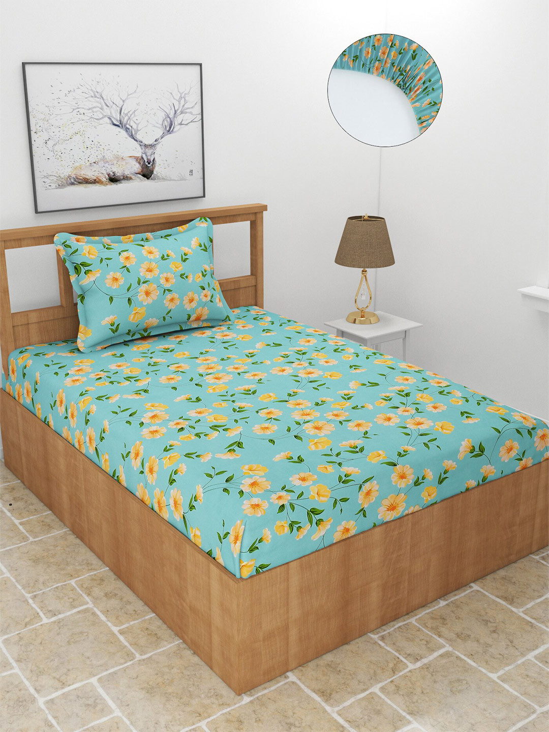 MORADO Maple Turquoise Blue Floral Polycotton 210 TC Fitted Single Fine Bedsheet with a Pillow Cover-198 x 91 cm