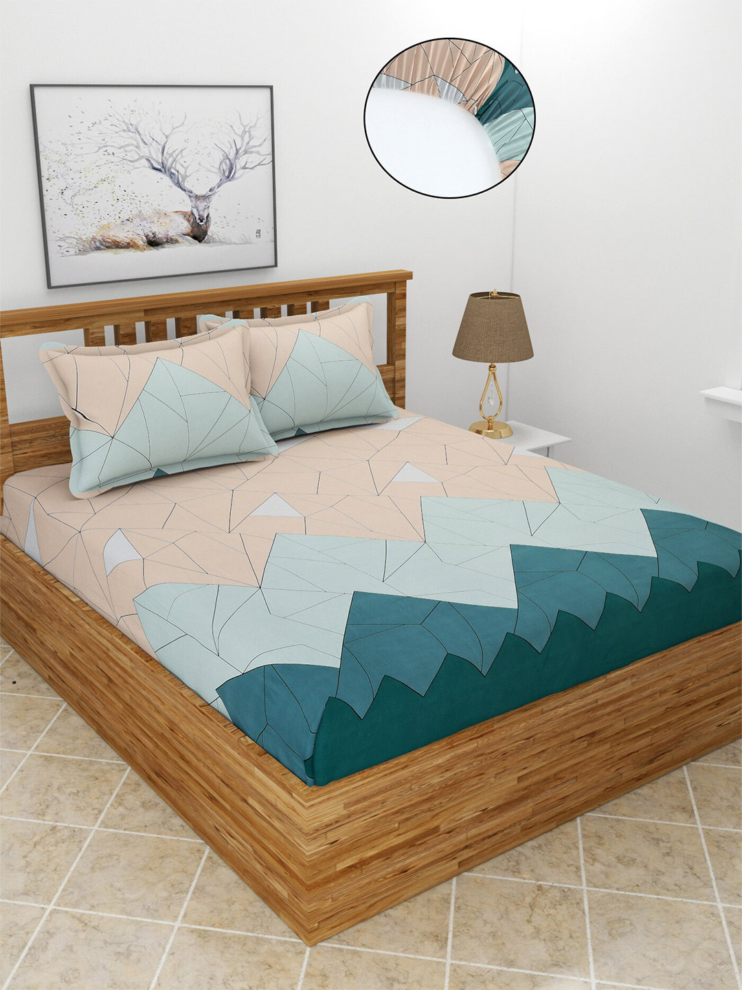 MORADO Peach Geometric Polycotton 210 TC Fitted Queen Fine Bedsheet with 2 Pillow Covers-198.12 x 182.88 x 15.24 cm