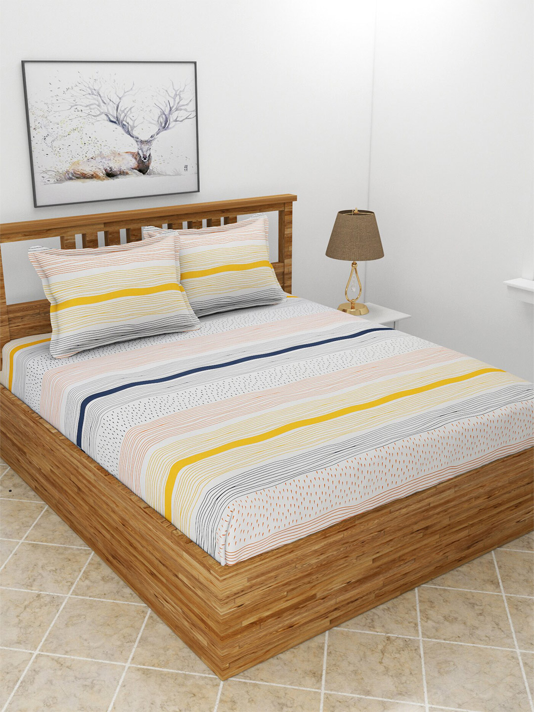 MORADO Mallow White Striped Polycotton 210 TC King Fine Bedsheet with 2 Pillow Covers-108 x 108 inches