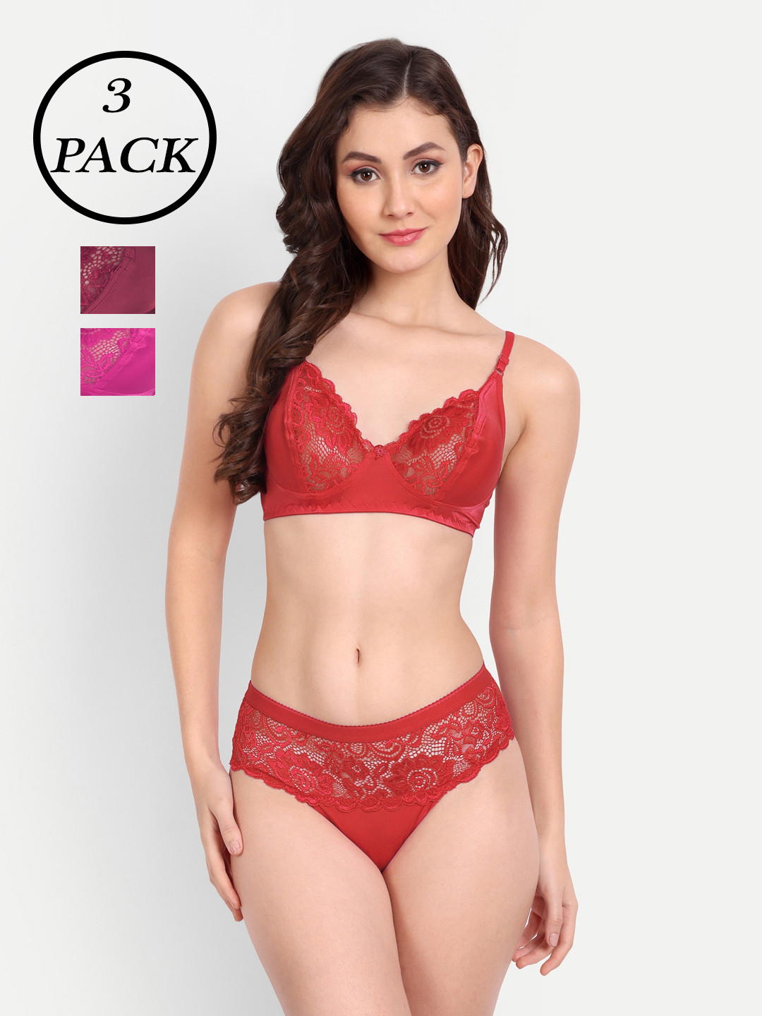 FIMS Women Pack Of 3 Self Design Lingerie Set-NEW_Kat_Set_PinkMaroonRed_B