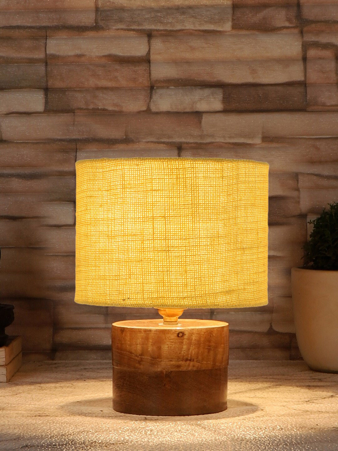Devansh Yellow & Brown Jute Table Lamp With Natural Wood Base