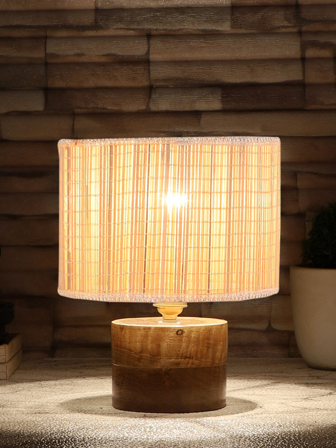 Devansh Beige Textured Table Lamp With Natural Wood Base