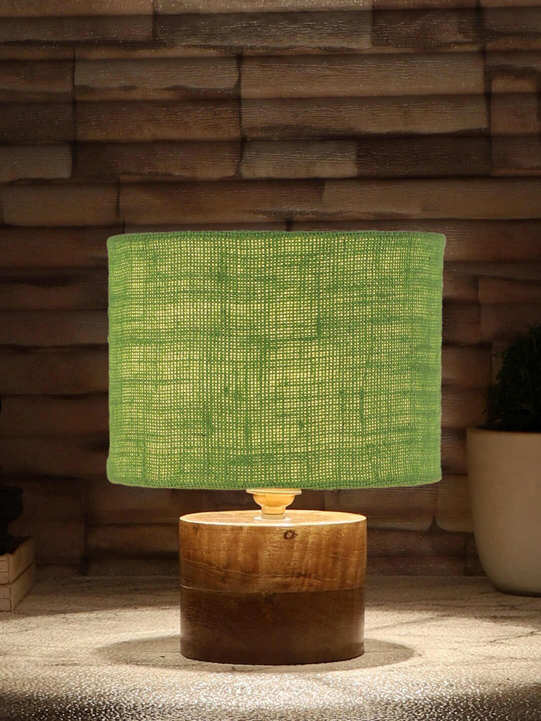 Devansh Green Textured Table Lamp With Natural Wood Base