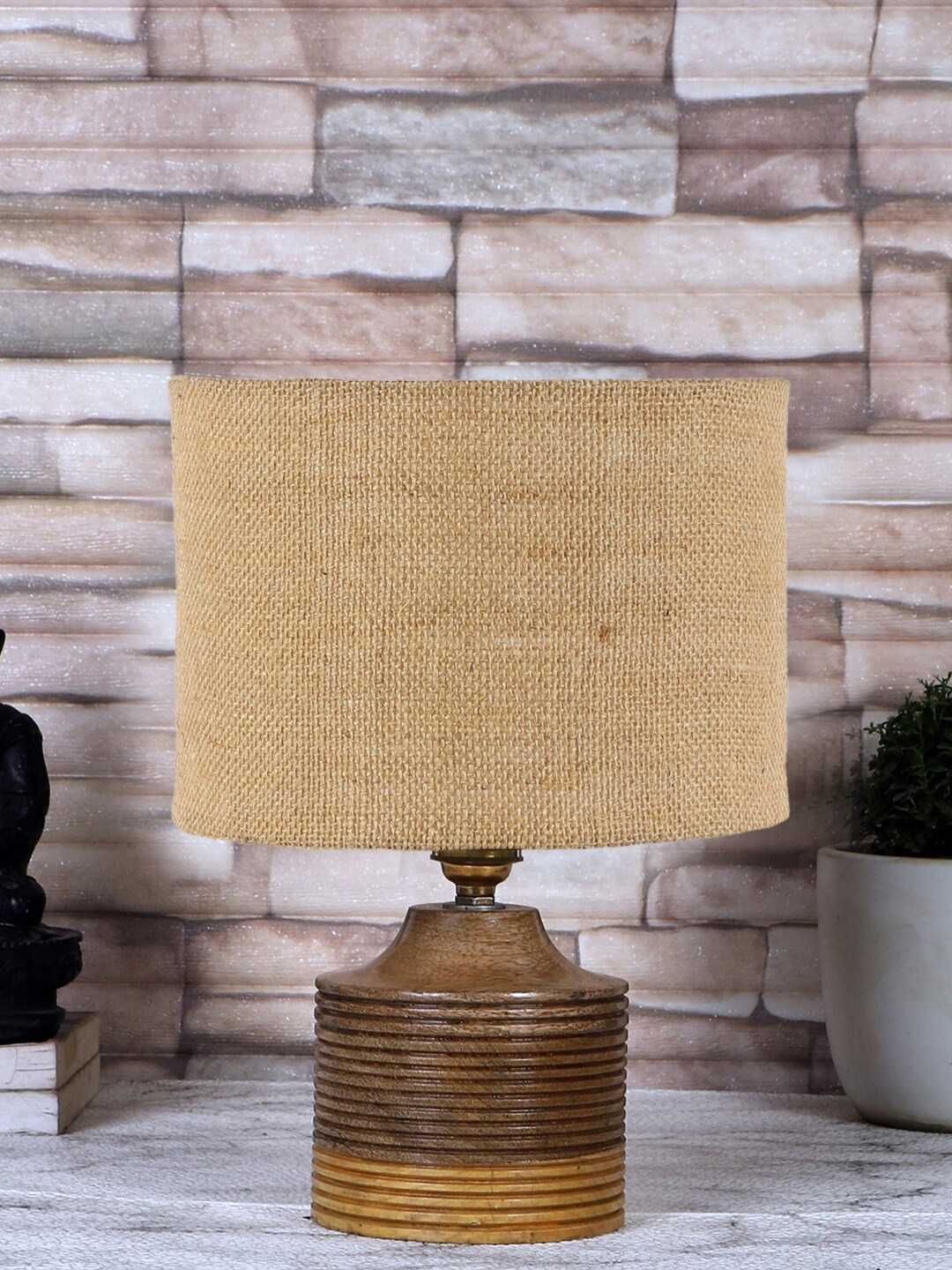 Devansh Beige & Brown Table Lamp With Natural Wood Base