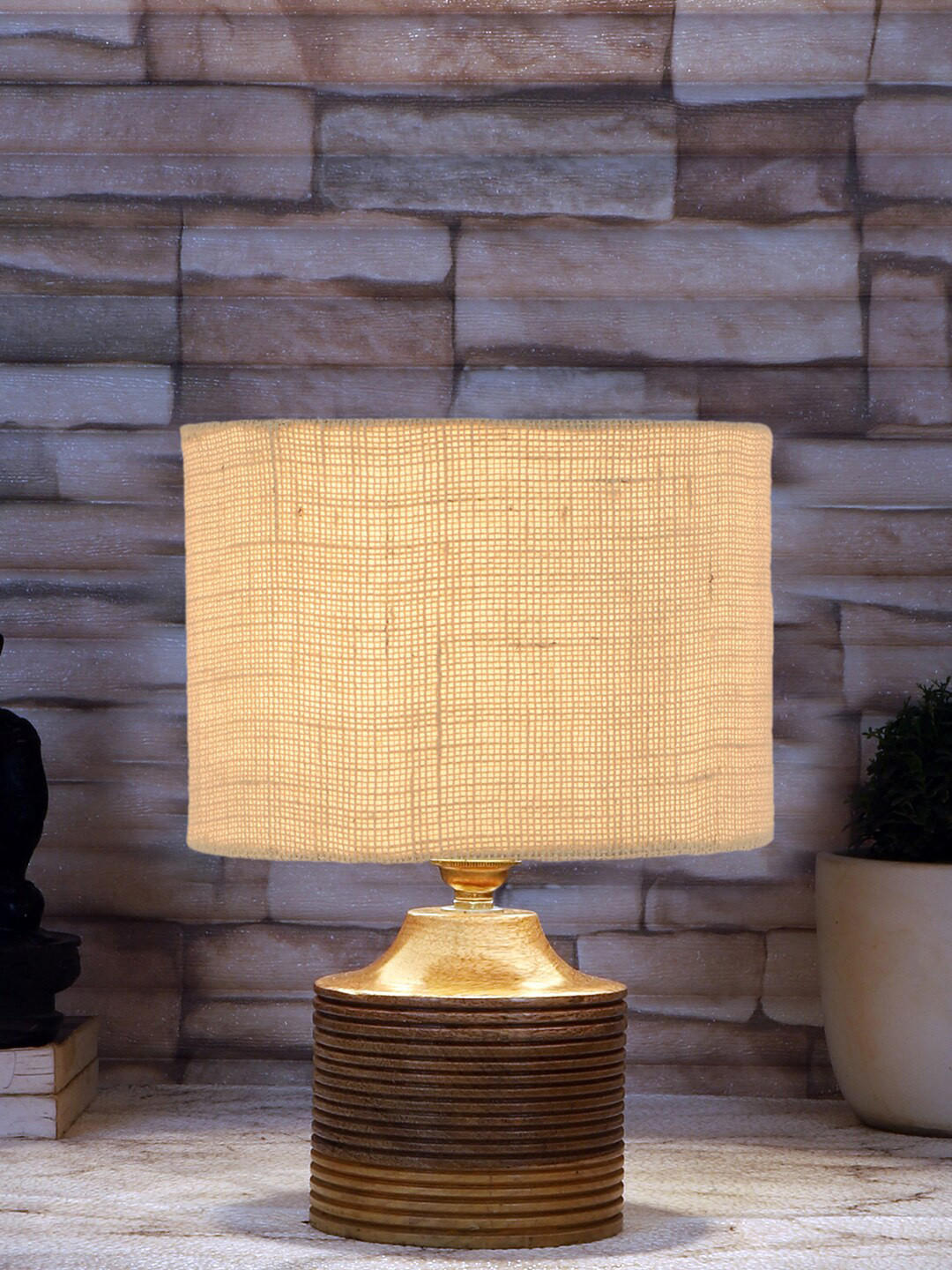 Devansh White Textured Table Lamp with Natural Wood Base