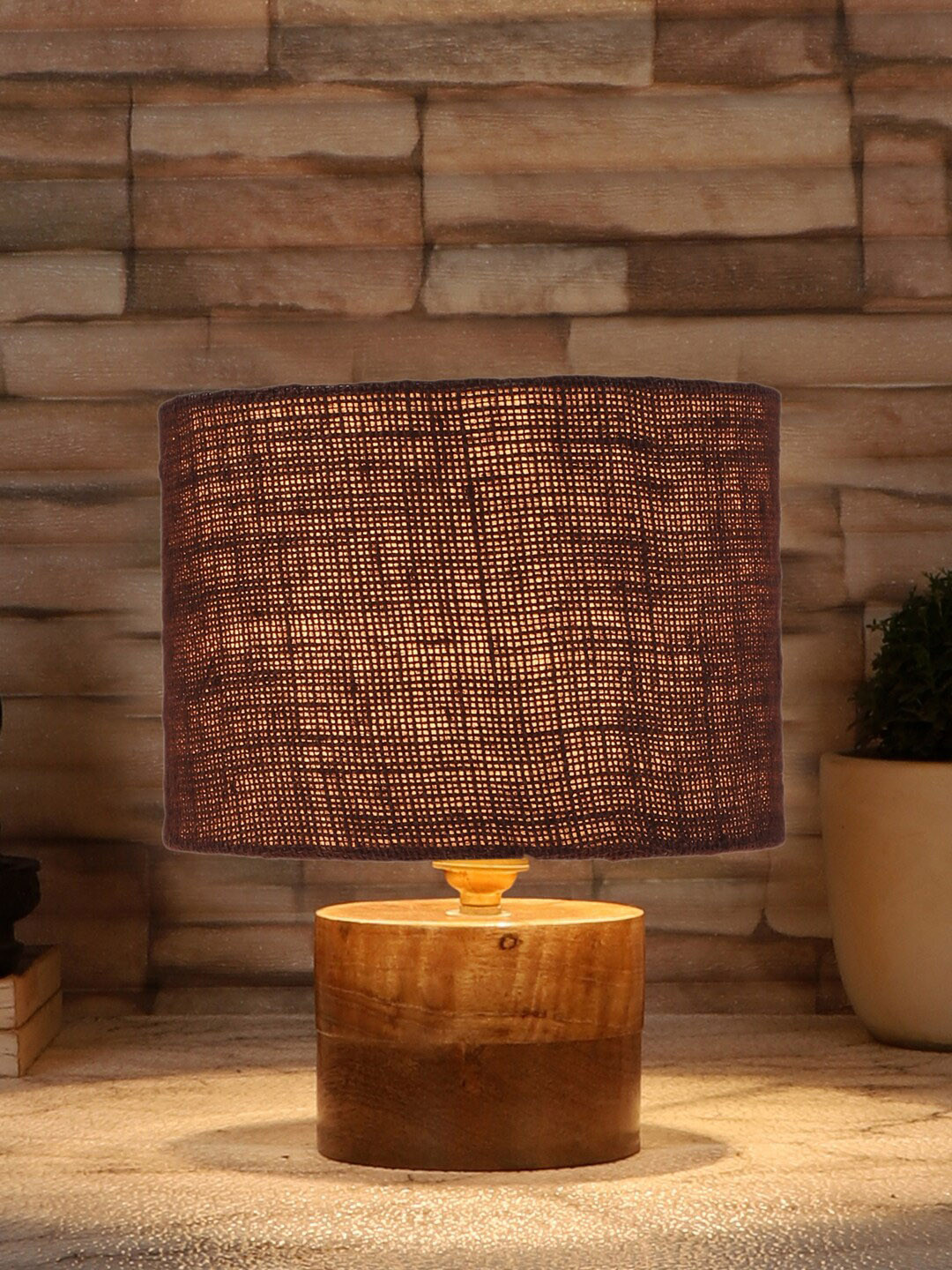 Devansh Brown Jute Table Lamp With Natural Wooden Base