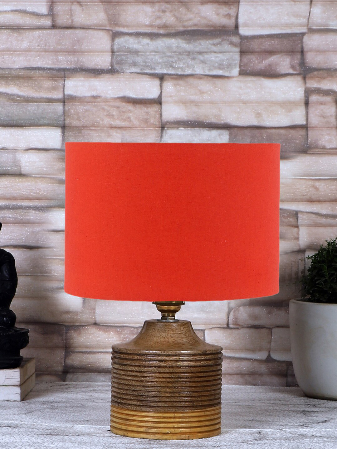Devansh Orange Coloured & Brown Cotton Table Lamp With Wood Base