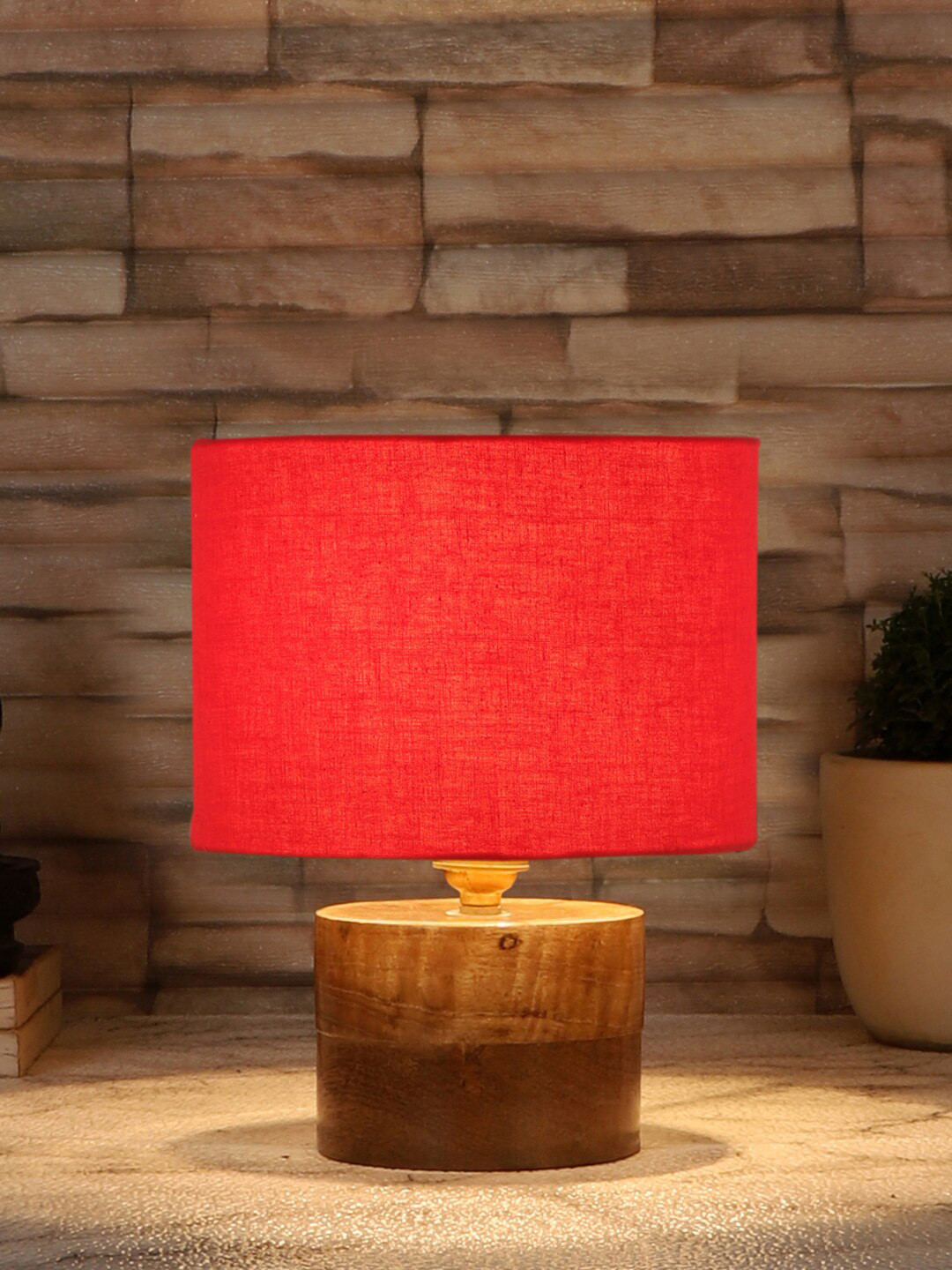 Devansh Red Cotton Table Lamp With Natural Wooden Base